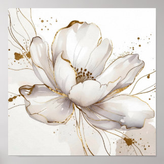 Affiche Modern White Magnolia Gold Line Art Floral Wedding