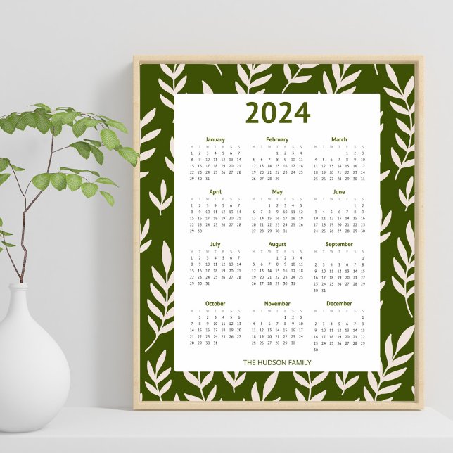 Affiche Moderne 2024 Vert olive Calender (Créateur téléchargé)