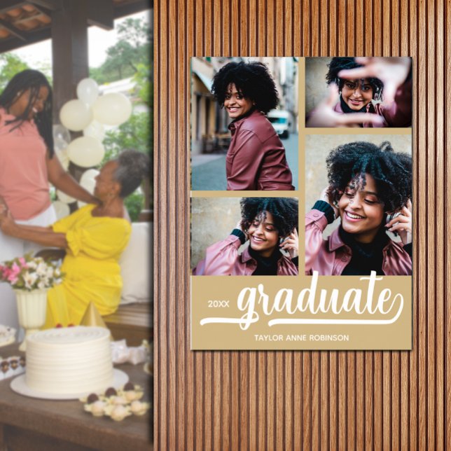 Affiche Moderne 4 Photos sur l'or Graduation (Modern 4 photo on gold graduation party poster - PRINTED and/or INSTANT DOWNLOAD)