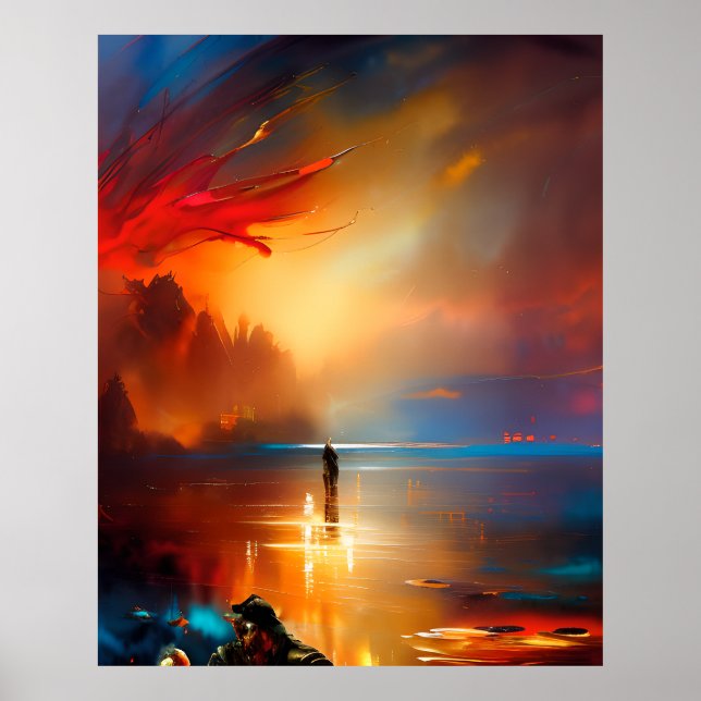 Affiche Moderne Abstrait belles couleurs bleu or turquoise (Devant)