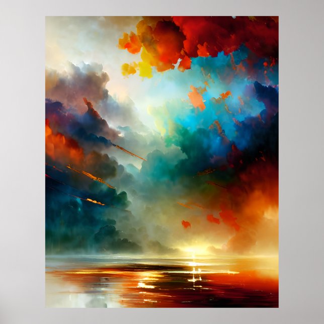 Affiche Moderne Abstrait belles couleurs bleu or turquoise (Devant)