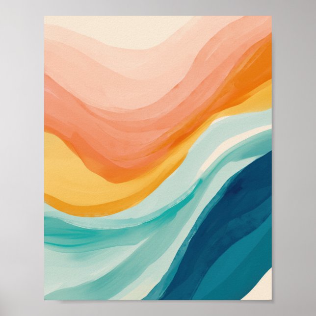Affiche Moderne Abstrait tendance rose jaune Vagues Bleues (Devant)