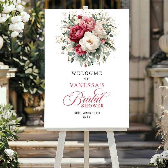 Affiche Moderne Bienvenue de Fête de Mariage Florale en Or (Modern Burgundy Gold Floral Bridal Shower Welcome)