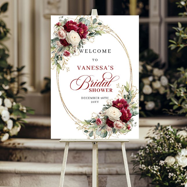 Affiche Moderne Bienvenue de Réception de Mariée Florale B (Modern Burgundy White Floral Bridal Shower Welcome)