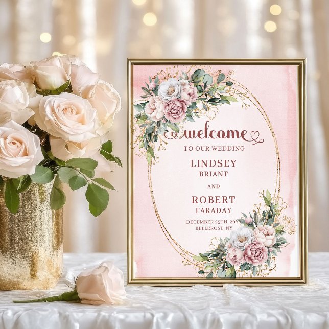 Affiche Moderne Bienvenue Fleurs Roses Paillettes Dorées (Modern Blush Pink Floral Gold Glitter Welcome)