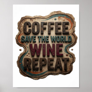 Affiche Moderne BLEU CAFE SAUVE LE MONDE VIN REPETE