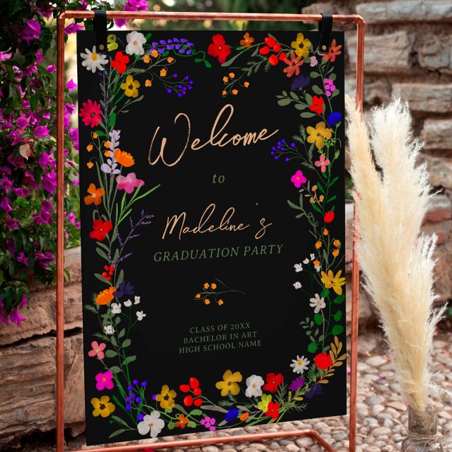 Affiche Moderne chic boho fleurs sauvages graduation bienv (Modern chic boho wild flowers graduation welcome poster black)