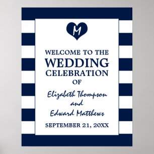 Affiche Moderne Chic Marine Bleu et Blanc Mariage Accueil