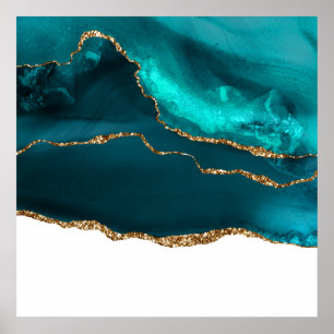 Affiche Moderne Design Turquoise & Or Agate sur blanc