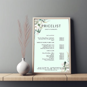 Affiche Moderne, élégante fleurs blanches, liste de prix