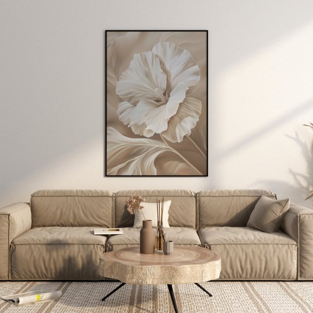 Affiche Moderne Fleur Beige Art esthétique Mur (Modern Beige Flower Aesthetic Wall Art in a beautiful neutral beige boho luxe living room.)