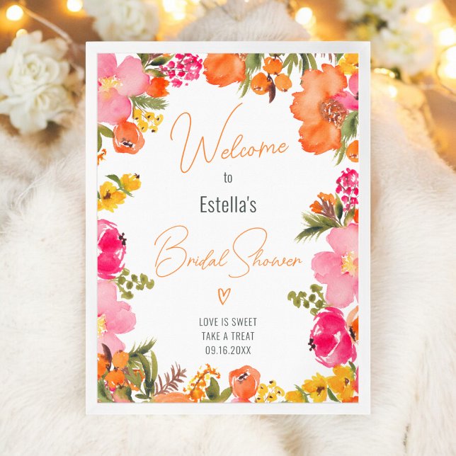 Affiche Moderne fleurs audacieuses script douche nuptiale  (Modern bold flowers script bridal shower welcome poster)