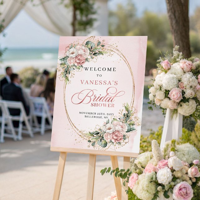 Affiche Moderne Fleurs de Poussière Rose Floral Vert Doré  (Modern Dusty Pink Floral Greenery Gold Welcome Sign)