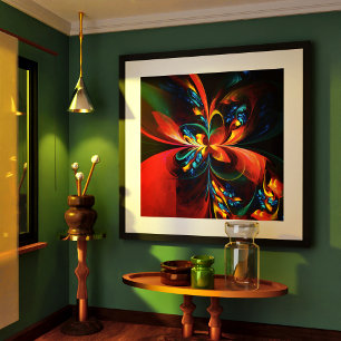 Affiche Moderne Floral Abstrait Art Orange Bleu Motif #14