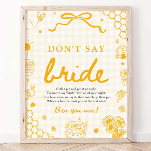 Affiche Moderne Jaune Gingham Abeille à Miel Ne Dis Pas La (Modern Yellow Gingham Honey Bee Don't Say Bride Sign)