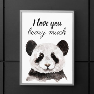 Affiche Moderne Je T'Aime Beary Beaucoup Panda Noir Et Bla