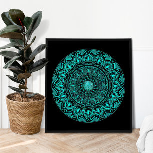 Affiche Moderne Mandala Noir Turquoise Élégant