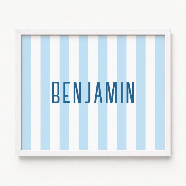 Affiche Moderne Nom Rayé Bleu Pâle et Blanc (Modern Pale Blue and White Striped Name Poster)