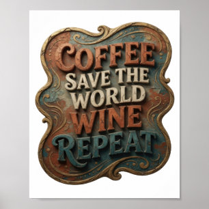 Affiche Moderne Orange CAFE SAUVE LE MONDE VIN REPETE
