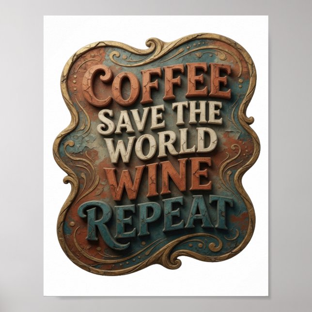 Affiche Moderne Orange CAFE SAUVE LE MONDE VIN REPETE (Devant)