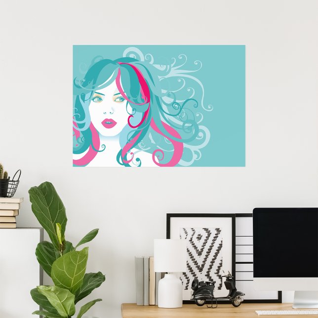 Affiche Moderne Pop Art femme Turquoise et rose cheveux (Créateur téléchargé)