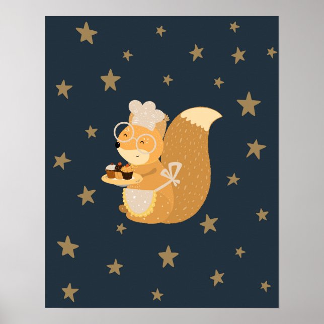 Affiche Moderne scandi  écureuil avec cupcakes  nurserie (Devant)