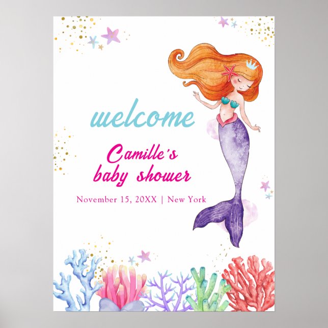Affiche Moderne sous mer Sirène Corail Baby shower Accueil (Devant)