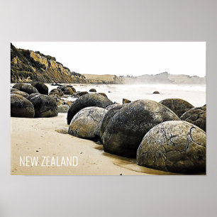 Affiche Moeraki Boulders voyage en Nouvelle-Zélande