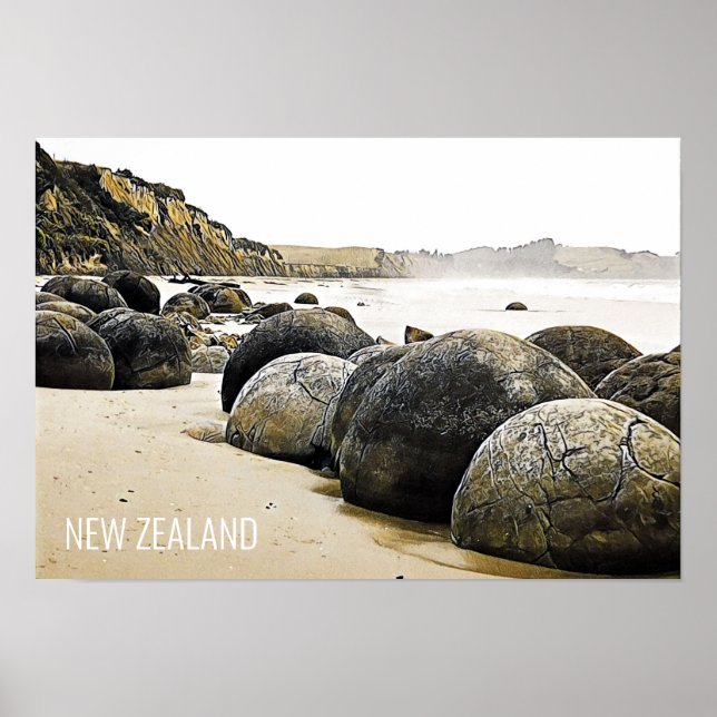 Affiche Moeraki Boulders voyage en Nouvelle-Zélande (Devant)