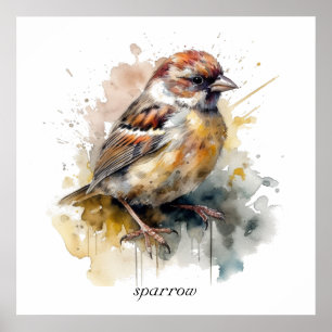 Affiche Moineau à l'aquarelle rustique, personnalisé