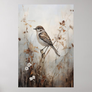 Affiche Moineau dans un champ impression, Mur rustique Cot