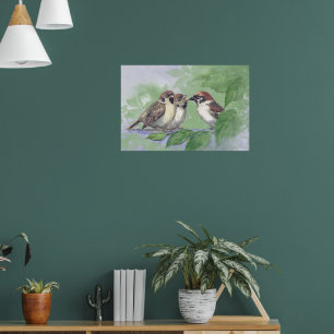 Affiche Moineau mère aquarelle nourrissant des poussins