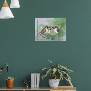 Affiche Moineau mère aquarelle nourrissant des poussins