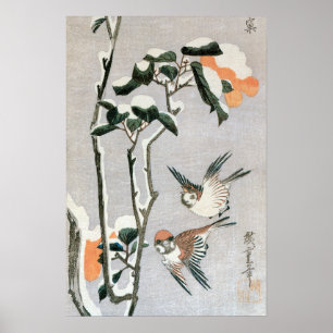 Affiche Moineaux et Camélia dans la neige par Ando Hiroshi