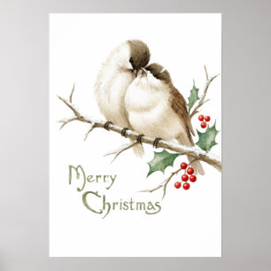 Affiche Moineaux sur une branche de Noël