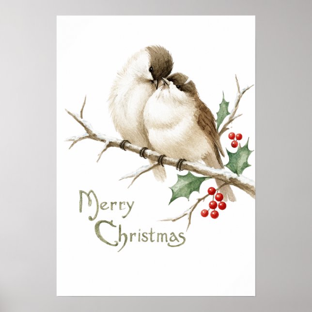 Affiche Moineaux sur une branche de Noël (Devant)