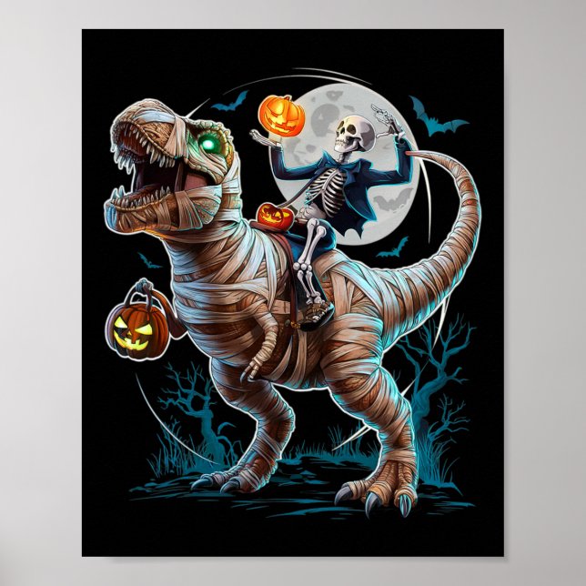 Affiche Momie à cheval sur citrouille T Rex dinosaure drôl (Devant)