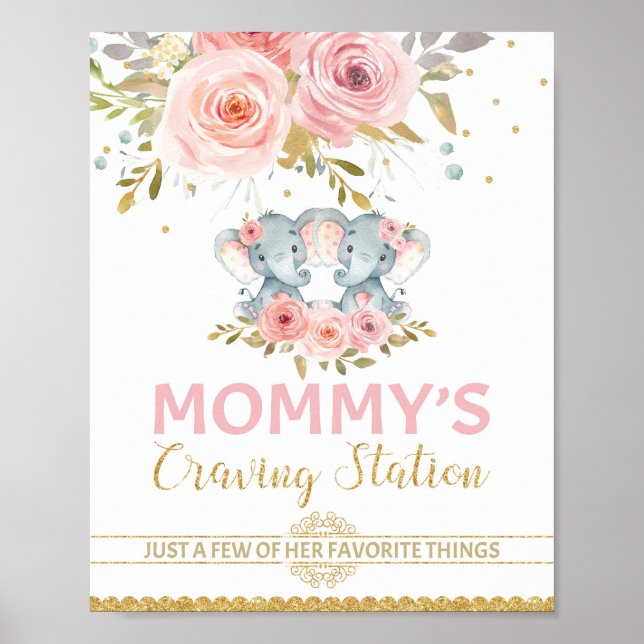 Affiche Mommy's Craving Station Elephant Twins Baby shower (Devant)