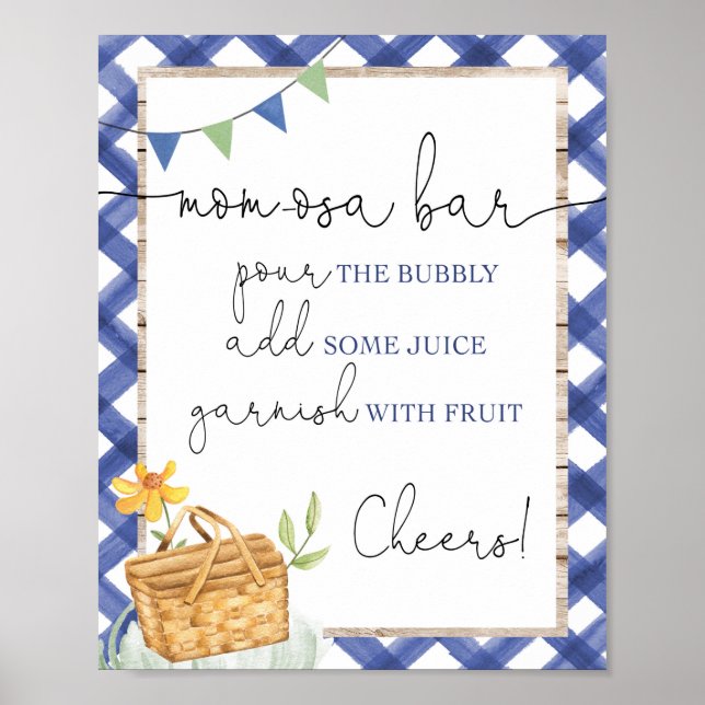 Affiche Momosa bar blue white gingham picnic baby shower (Devant)