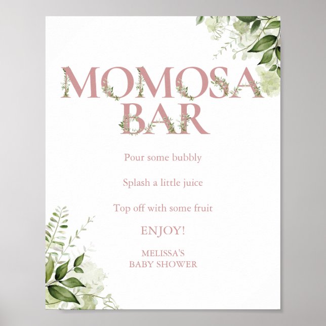 Affiche Momosa Greenery Bar Dusty Rose Rose Baby shower (Devant)