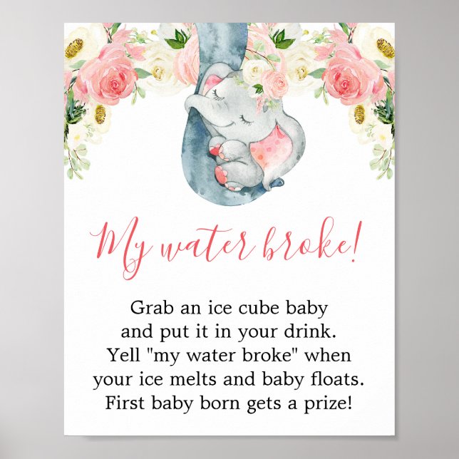 Affiche Mon eau cassé jeu fille baby shower éléphant signe (Devant)