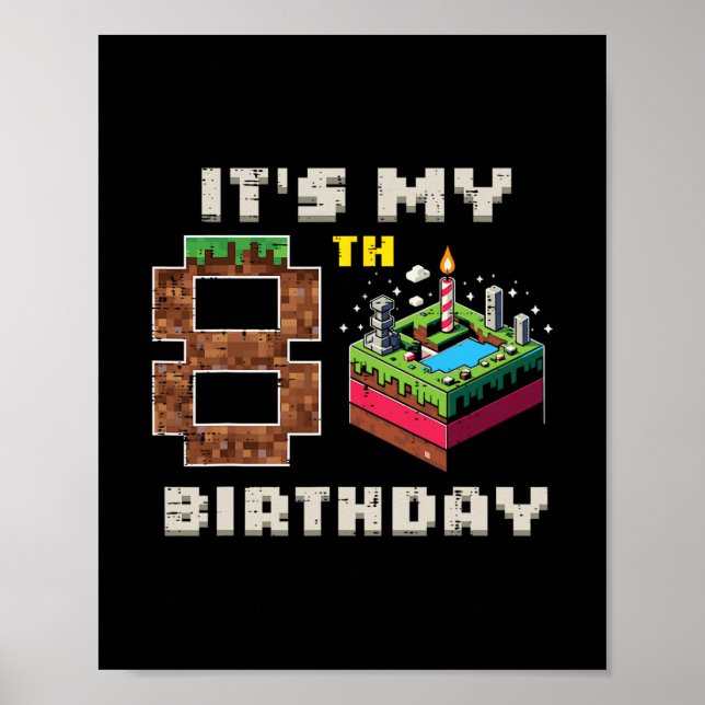 Affiche Mon jeu pixel de 8 ans d'anniversaire 8 gâteau vid (Devant)