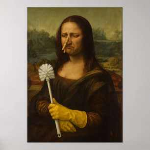 Affiche Mona Lisa tenant une brosse de toilette