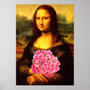 Affiche Mona Lisa With Bouquet Of Pink Roses