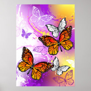 Affiche Monarch Butterflies on Purple Background