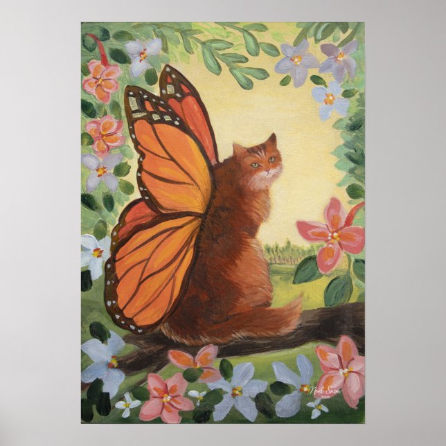Affiche Monarch Butterfly Cat in Meadow Wall Art (Devant)