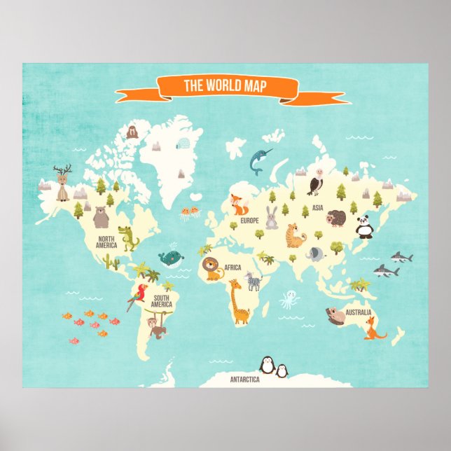 Affiche Monde Animal Autocollant mural Carte du mo (Devant)