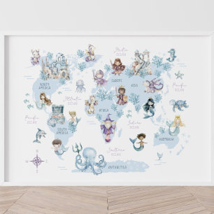 Affiche Monde marin magique, sirènes, chevaliers, carte du