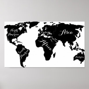 Affiche Monde noir et blanc chic carte globe hipster impri