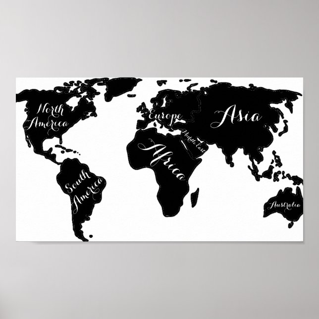 Affiche Monde noir et blanc chic carte globe hipster impri (Devant)